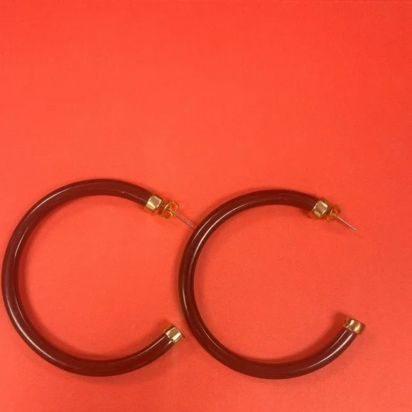 HOO Black acrylic Hoop Earrings with Gold Accents. Hypoallergenic post. - Picture 1 of 3